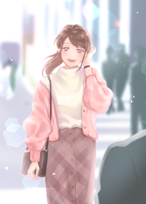 1girl, bag, beige_sweater, blurry, blurry_background, brown_eyes, brown_hair, city