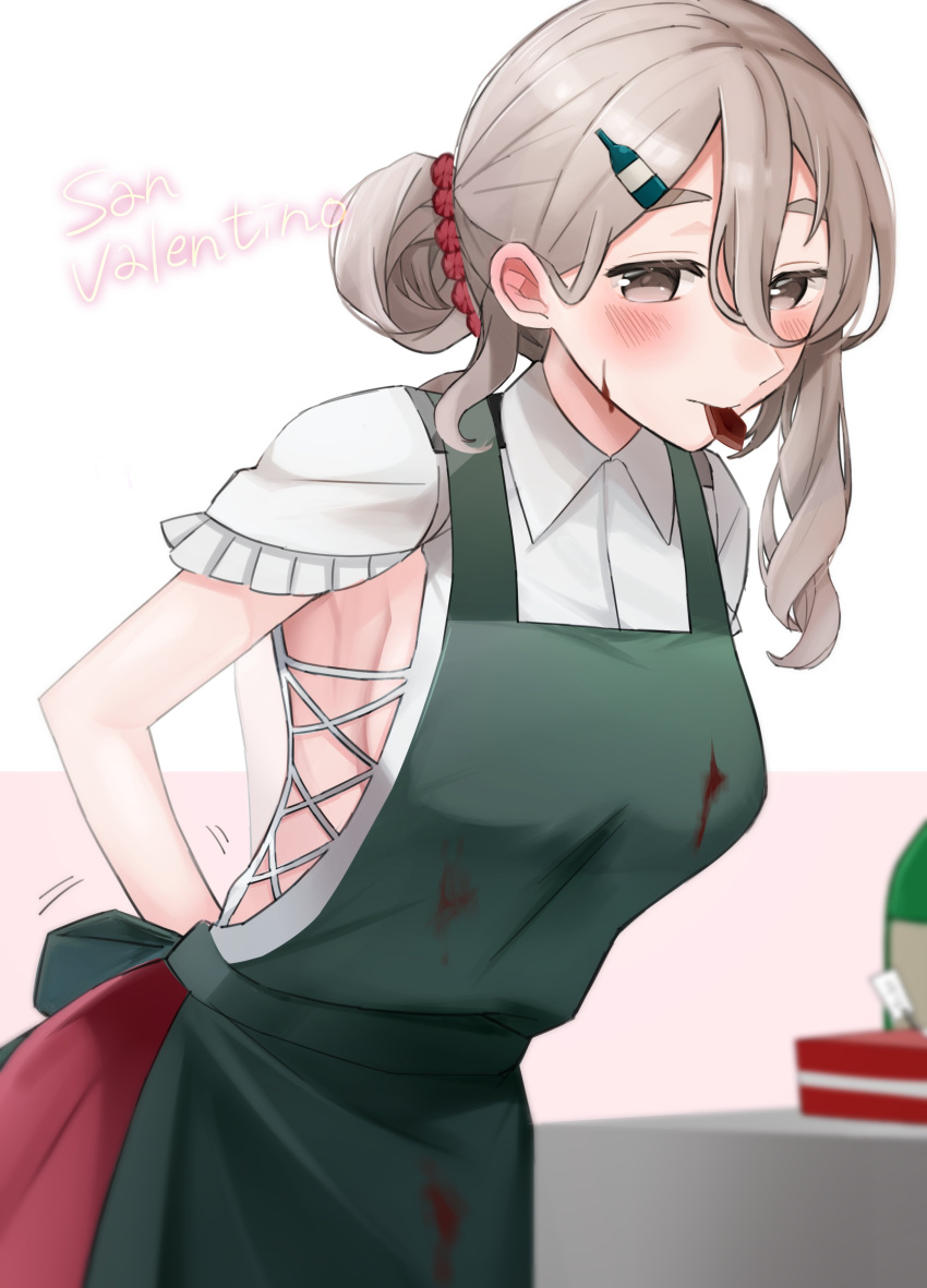 1girl, absurdres, alternate_hairstyle, apron, blouse, blurry, bottle_hair_ornament, brown_eyes