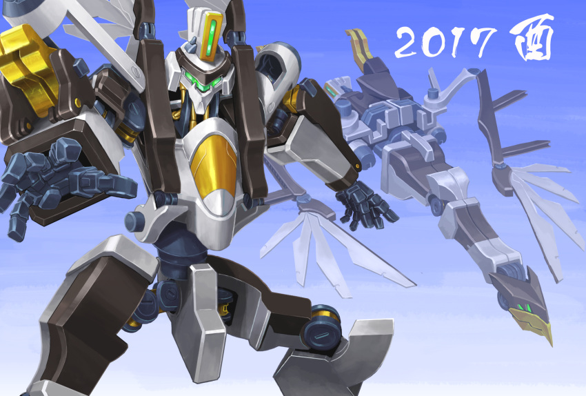 2017, alternate_form, chinese_zodiac, highres, mecha, nengajou, new_year, no_humans, nue_(fk3203), open_hands, original, projected_inset, science_fiction, solo_focus, visor, year_of_the_rooster