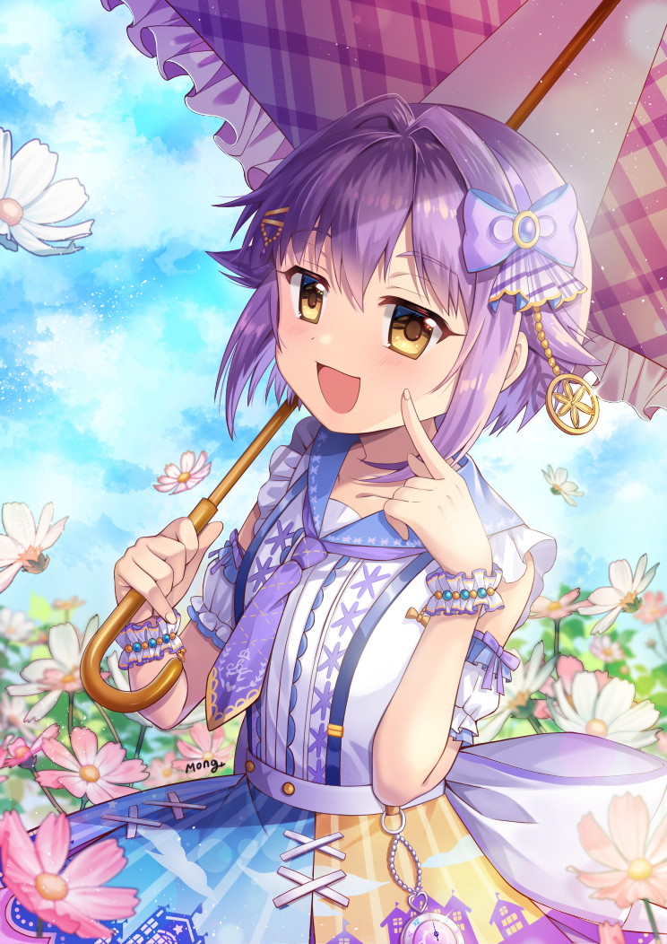 1girl, :d, bangs, beads, blue_dress, blue_sky, blurry, bow
