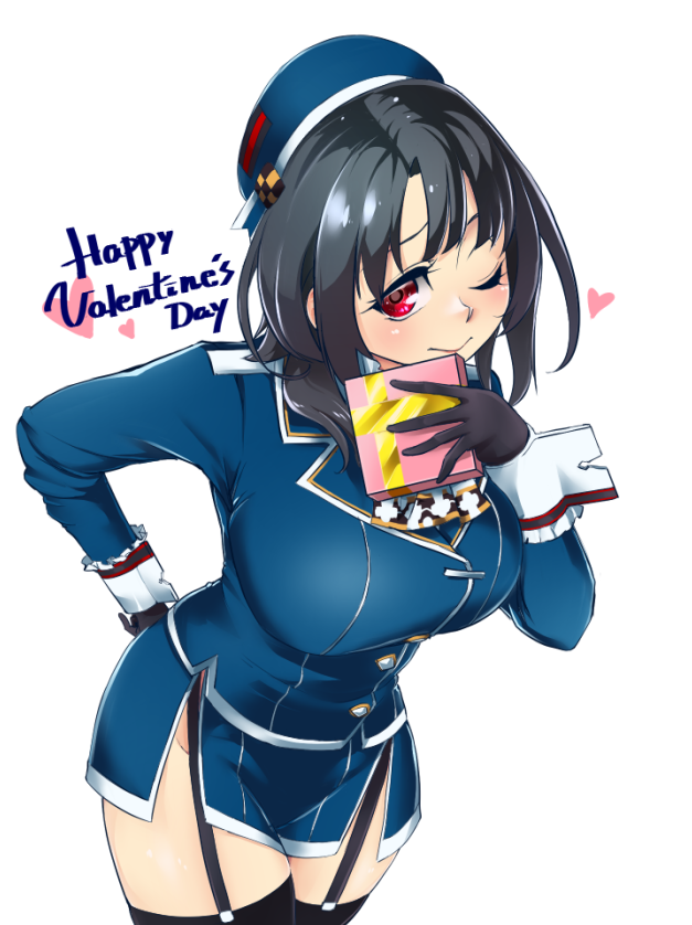1girl, beret, black_gloves, black_hair, black_legwear, blue_headwear, box, breasts