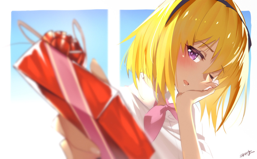 1girl, absurdres, ascot, black_headband, blonde_hair, blurry, blush, bow
