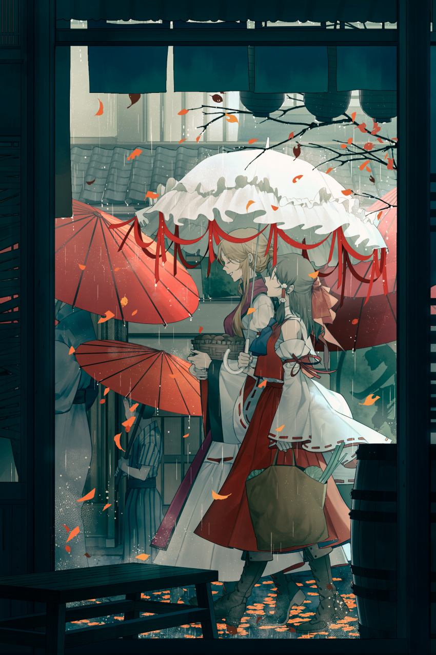1boy, 1other, 2girls, autumn_leaves, bag, barrel, basket, blonde_hair