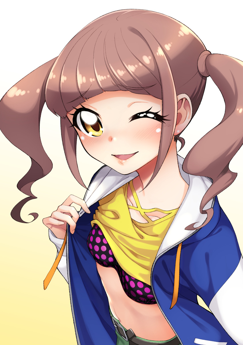 1girl, ;d, absurdres, bangs, belt, black_belt, black_bra, blue_jacket