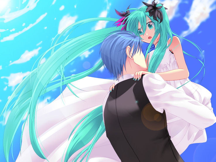 aqua_hair, blue_hair, dress, hatsune_miku, holding, kaito, long_hair, sikijyou, sky, twintails, very_long_hair, vocaloid, white_dress, world_is_mine_(vocaloid)