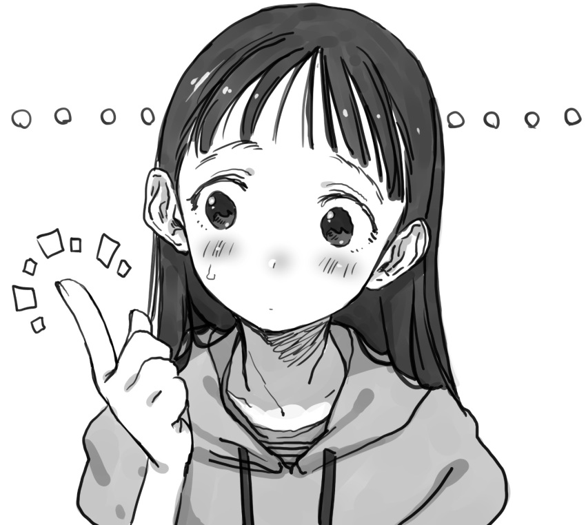 ..., 1girl, blush, closed_mouth, greyscale, haguhagu_(rinjuu_circus), hand_up, highres, hood, hood_down, hoodie, index_finger_raised, long_hair, monochrome, notice_lines, original, sakuramoto_konoha, solo, sweat, upper_body