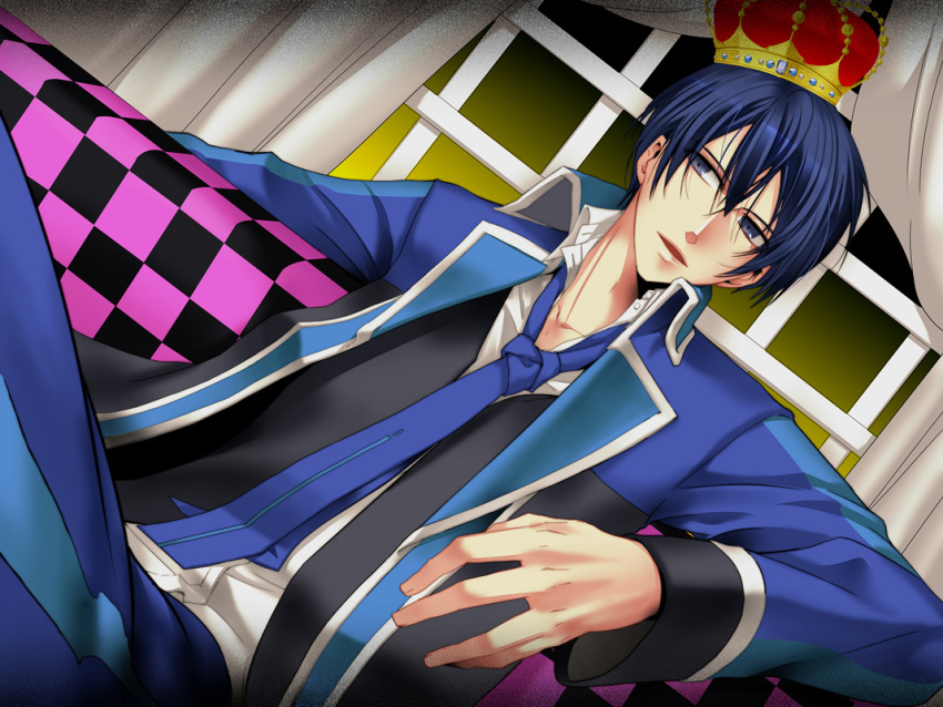 blue_eyes, blue_hair, crown, kaito, male, necktie, scarf, sikijyou