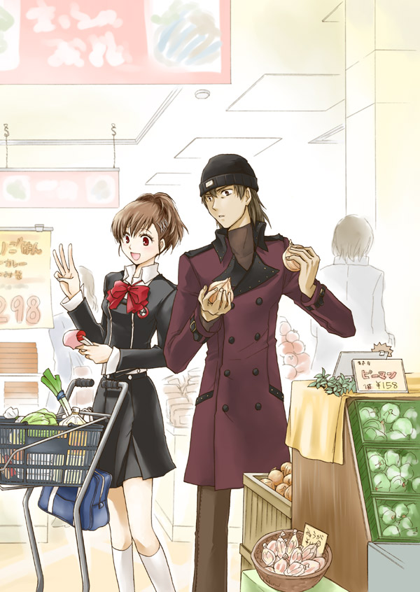 beanie, brown_hair, female_protagonist_(persona_3), groceries, hat, persona, persona_3, persona_3_portable