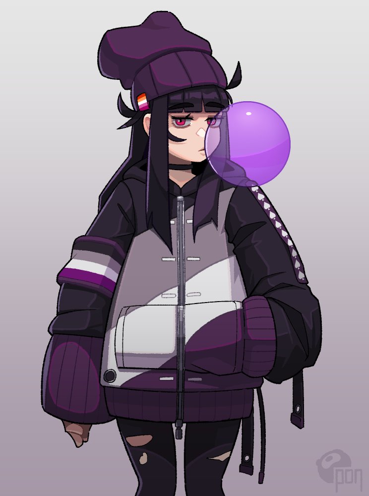 1girl, asexual_flag, beanie, black_hair, calponpon, claire_(calponpon), cowboy_shot, gradient