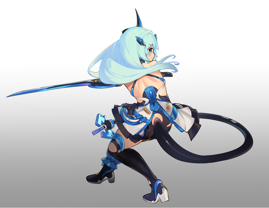 1girl, aqua_hair, asymmetrical_horns, backless_outfit, bare_shoulders, black_gloves, blade, breasts