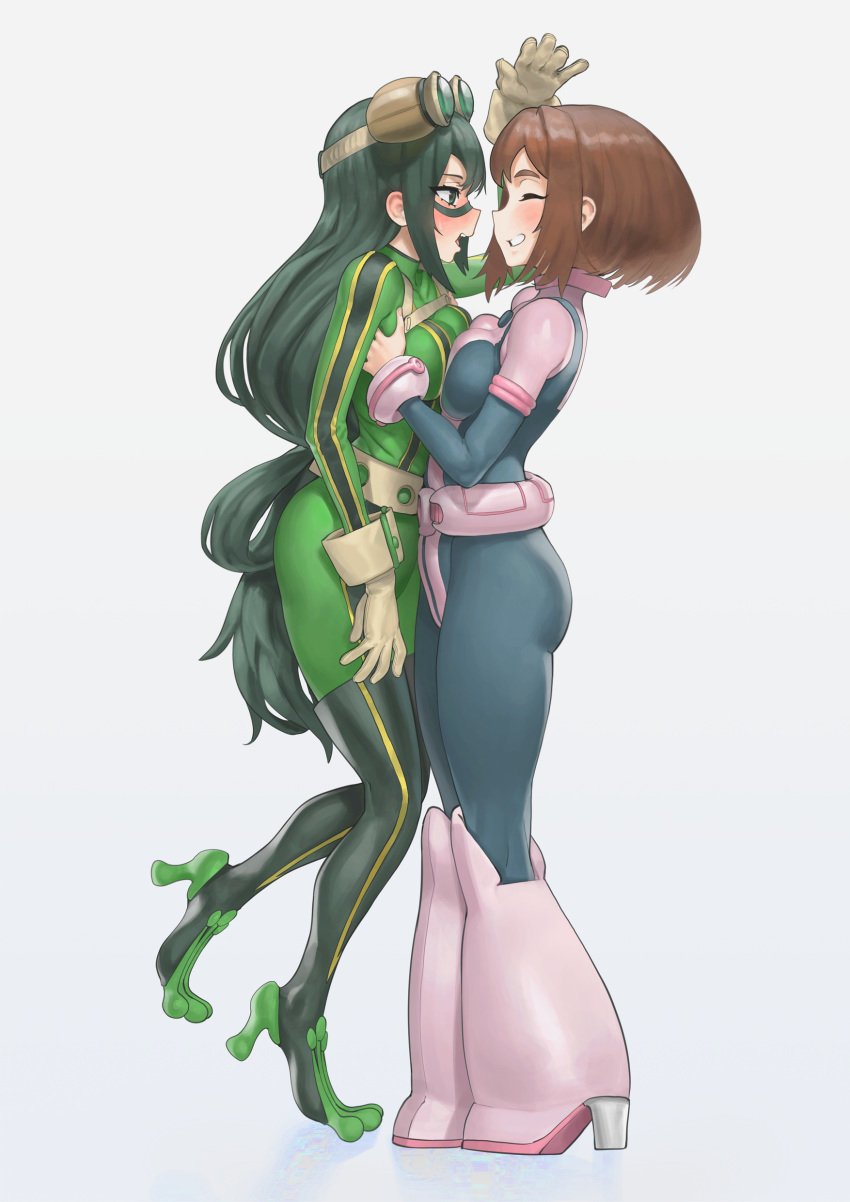 2girls, :d, absurdres, ass, asui_tsuyu, bangs, black_hair, blush