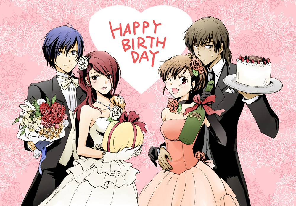 arisato_minato, blue_eyes, blue_hair, brown_eyes, brown_hair, cake, couple, dress