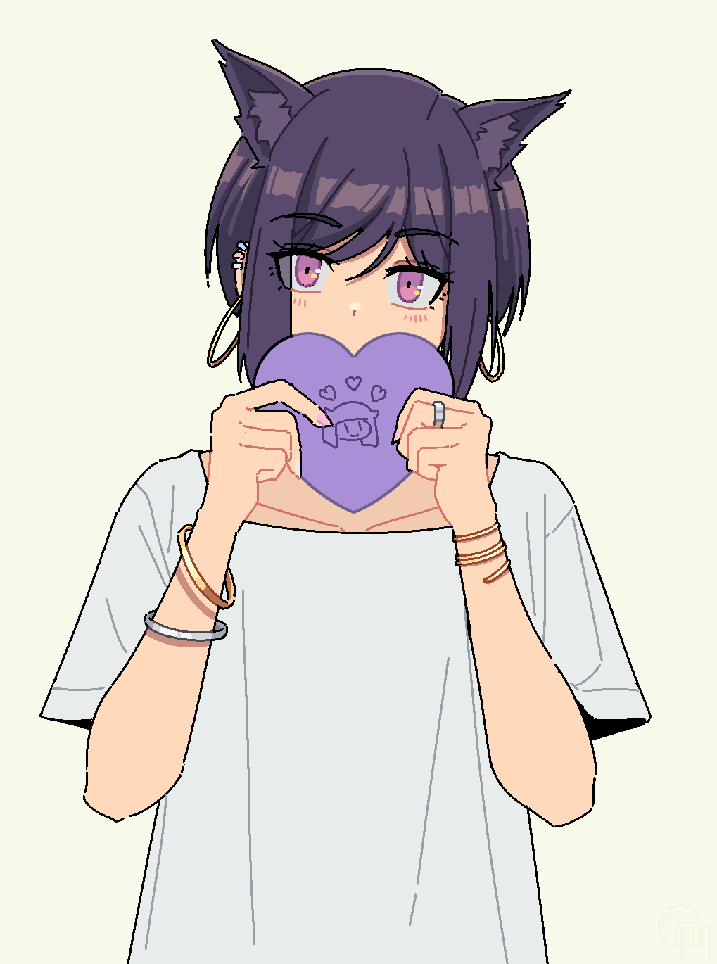 1other, animal_ears, black_hair, borrowed_character, bracelet, calponpon, cat_ears, ear_piercing, earrings, english_commentary, eyebrows_visible_through_hair, heart, highres, holding, hoop_earrings, jewelry, looking_at_viewer, nyanbinary, original, pas'_black-haired_catperson, piercing, pink_eyes, ring, shirt, short_hair, short_sleeves, simple_background, solo, transgender, transgender_flag, upper_body, white_shirt, yellow_background
