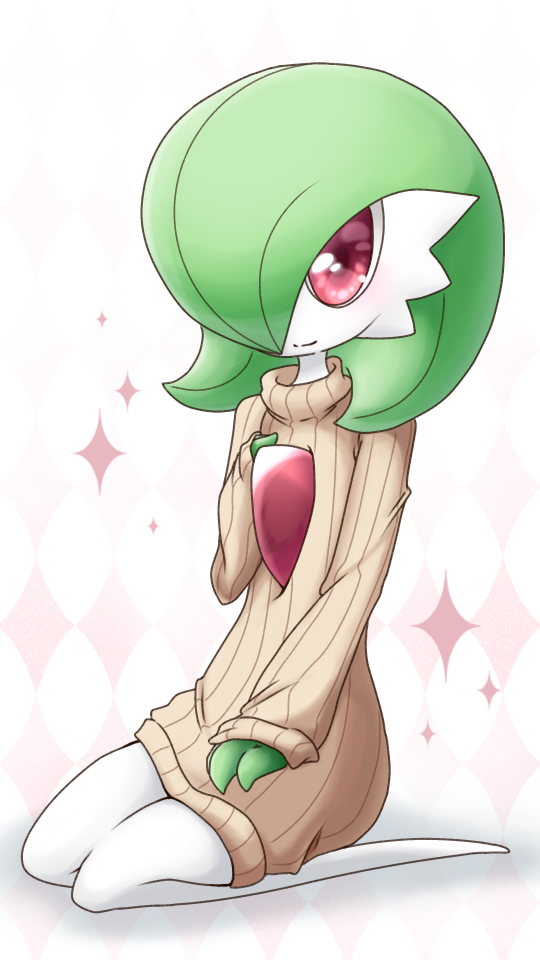 1girl, blush, brown_sweater, clothed_pokemon, commentary_request, diamond_(shape), full_body, gardevoir