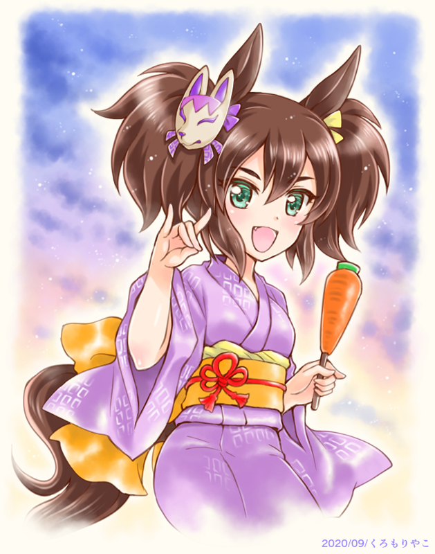 1girl, :d, animal_ears, artist_name, back_bow, bangs, bow, brown_hair, carrot, commentary, dated, fang, food, fox_mask, fox_shadow_puppet, green_eyes, hair_ribbon, holding, holding_food, horse_ears, horse_girl, horse_tail, inari_one, japanese_clothes, kimono, kuromori_yako, long_sleeves, looking_at_viewer, mask, messy_hair, open_mouth, orange_sash, print_kimono, purple_kimono, ribbon, short_hair, smile, solo, standing, tail, twintails, umamusume, wide_sleeves, yellow_ribbon, yukata