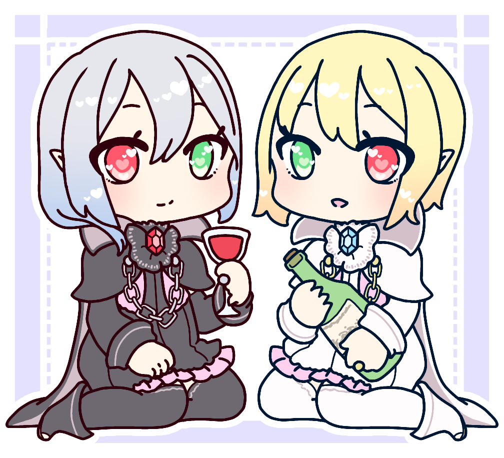 2girls, alcohol, black_capelet, black_dress, black_footwear, black_legwear, blonde_hair, blush