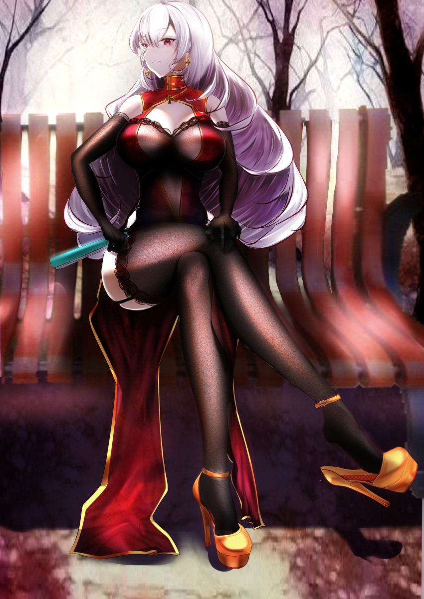 1girl, absurdres, bare_legs, bench, black_legwear, blue_oath, bodystocking, breasts, china_dress, chinese_clothes, cross, cross_earrings, cross_necklace, dress, earrings, eyebrows_visible_through_hair, fan, gosama, hand_on_own_knee, high_heels, highres, holding, holding_fan, jewelry, large_breasts, legs, long_hair, looking_at_viewer, necklace, red_dress, red_eyes, scharnhorst_(blue_oath), silver_hair, simple_background, sitting, sitting_on_bench, smile, solo, thigh-highs, thighs, yellow_footwear