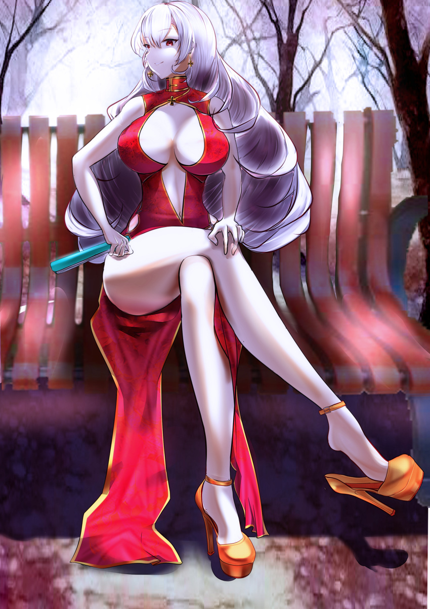 1girl, absurdres, bare_legs, bench, blue_oath, breasts, china_dress, chinese_clothes
