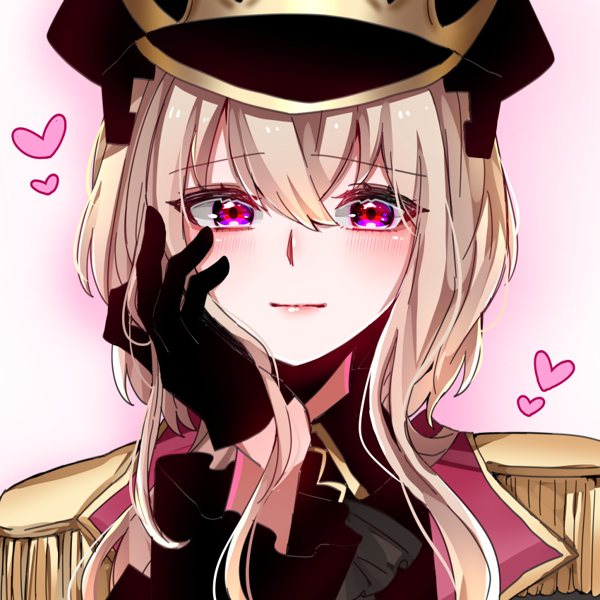 1girl, absurdres, black_gloves, black_headwear, blonde_hair, blue_oath, blush, closed_mouth