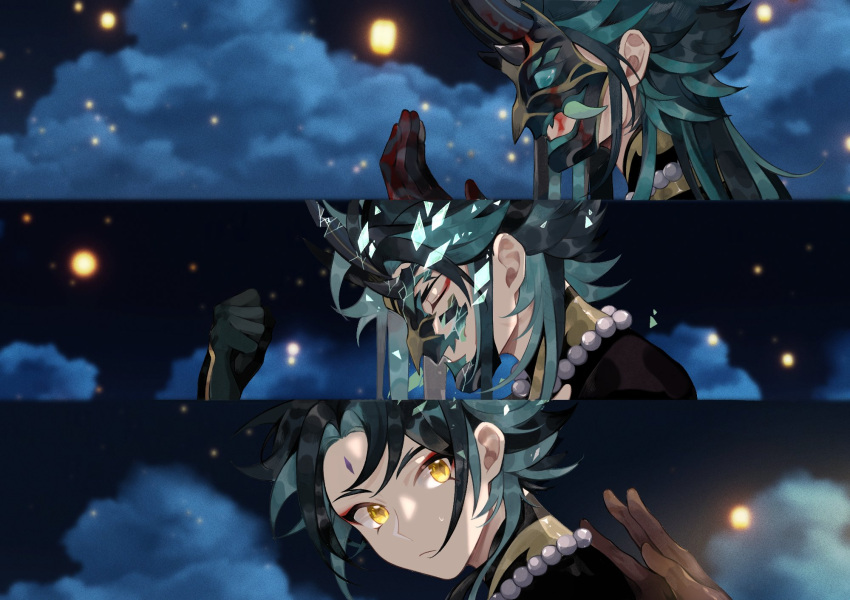 1boy, 1other, arm_guards, bangs, bead_necklace, beads, black_hair, blood