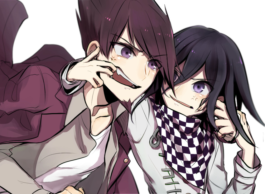 2boys, anger_vein, bangs, black_hair, checkered, checkered_neckwear, checkered_scarf, collarbone