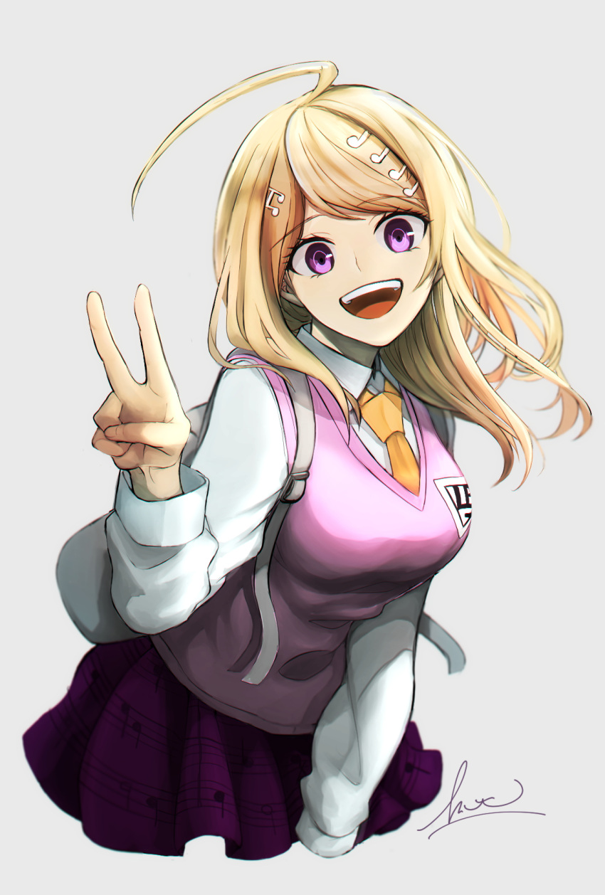 1girl, :d, ahoge, akamatsu_kaede, backpack, bag, bangs, blonde_hair