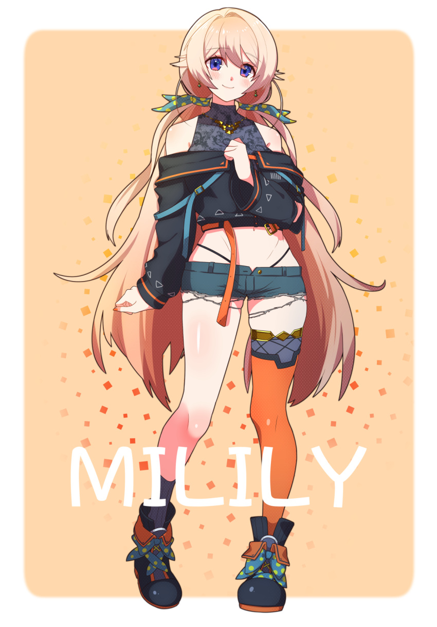 .live, 1girl, blonde_hair, blush, character_name, commentary_request, earrings, full_body