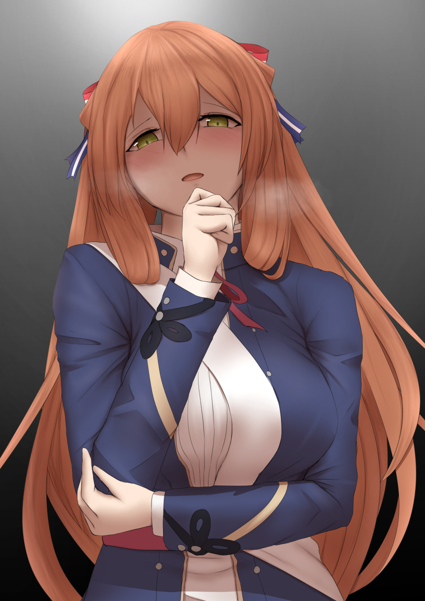 1girl, absurdres, bangs, blush, bow, breasts, girls_frontline, green_eyes, hair_bow, hand_on_own_chin, heavy_breathing, highres, large_breasts, long_hair, m1903_springfield_(girls_frontline), orange_hair, shaded_face, sidelocks, solo, tun_turu10, very_long_hair