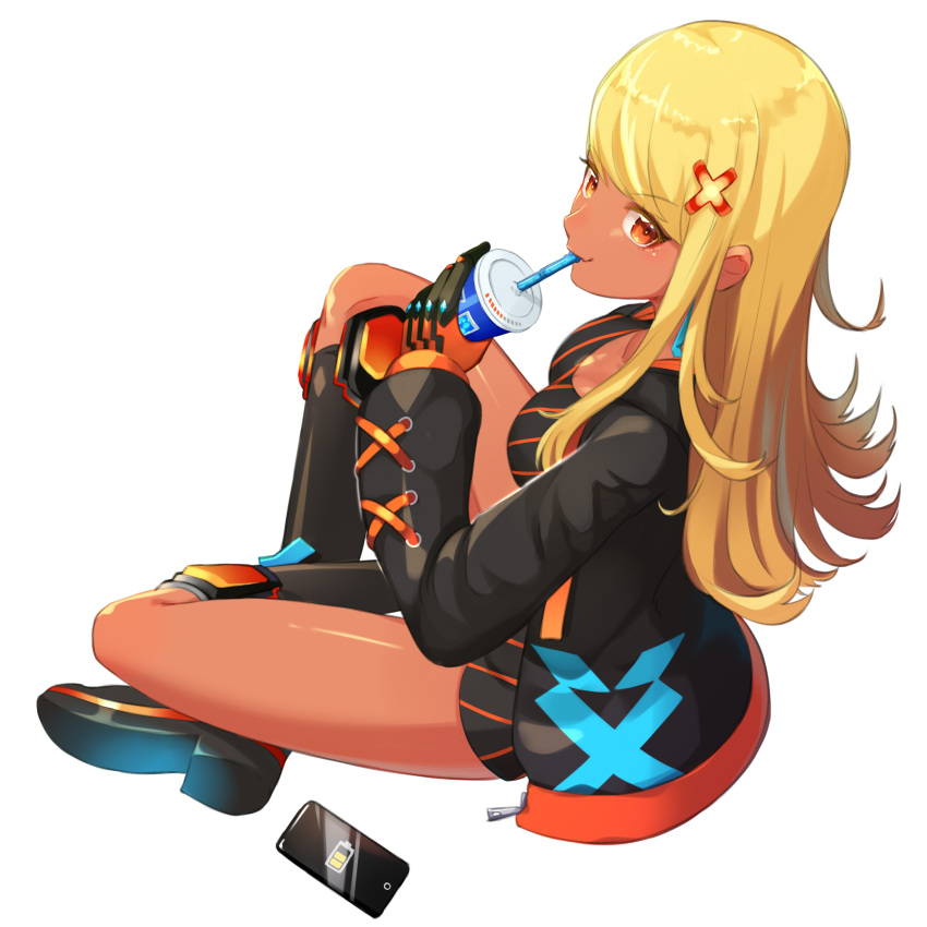 1girl, absurdres, bangs, black_footwear, black_gloves, black_jacket, black_shorts, blonde_hair