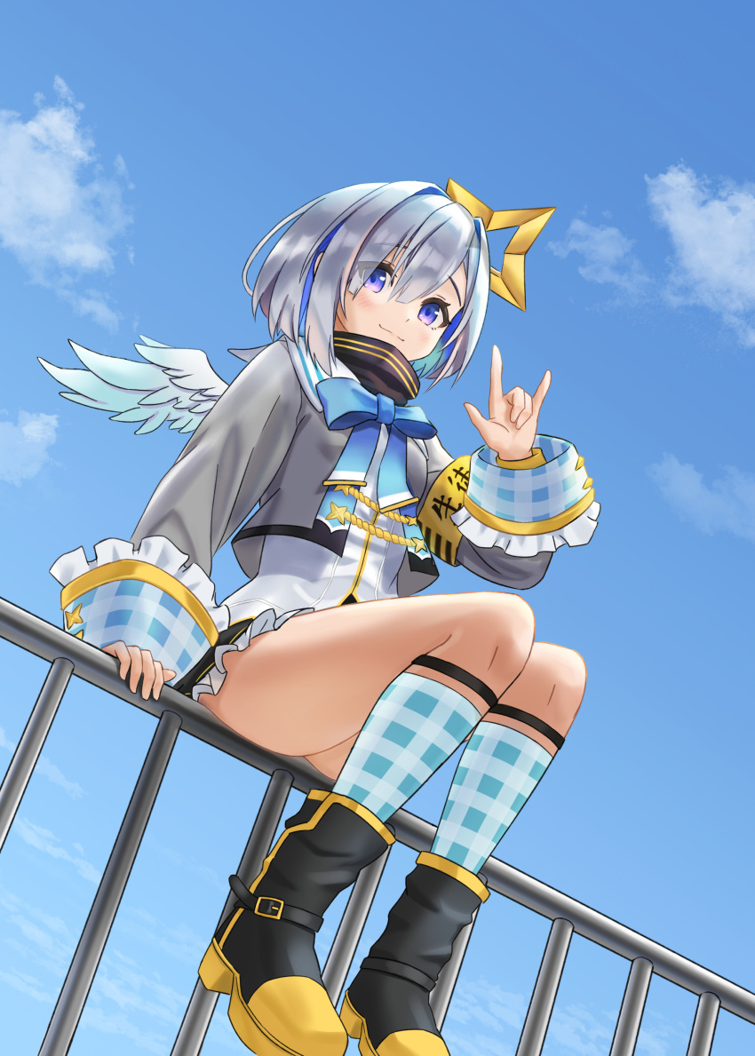1girl, absurdres, amane_kanata, angel, angel_wings, bangs, black_footwear, black_skirt