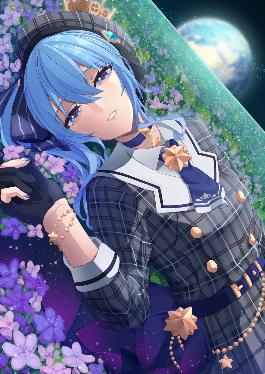 1girl, absurdres, angruoxin, belt, beret, black_gloves, blue_choker, blue_hair