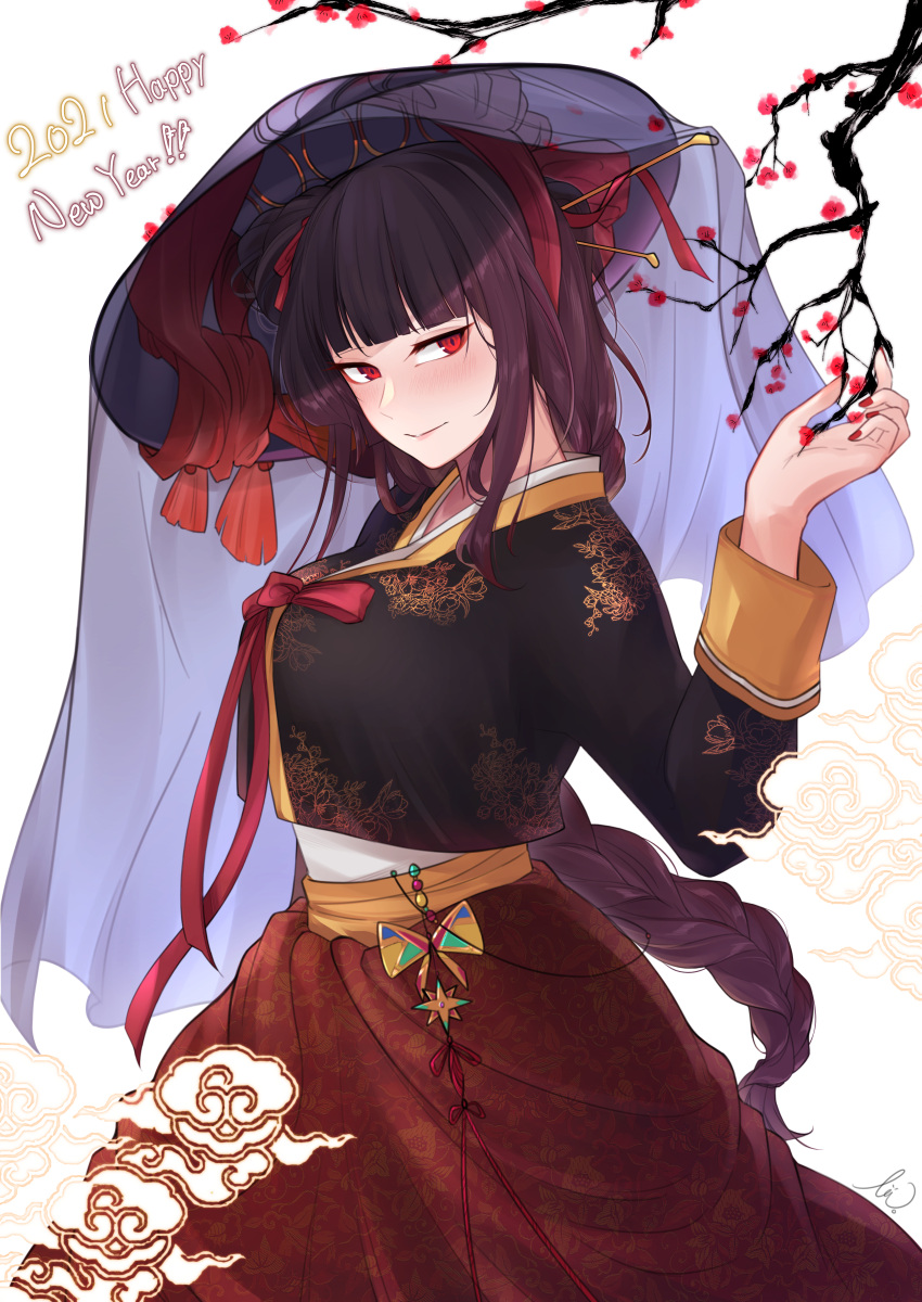 1girl, 2021, absurdres, alternate_costume, alternate_hairstyle, blush, braid, braided_ponytail