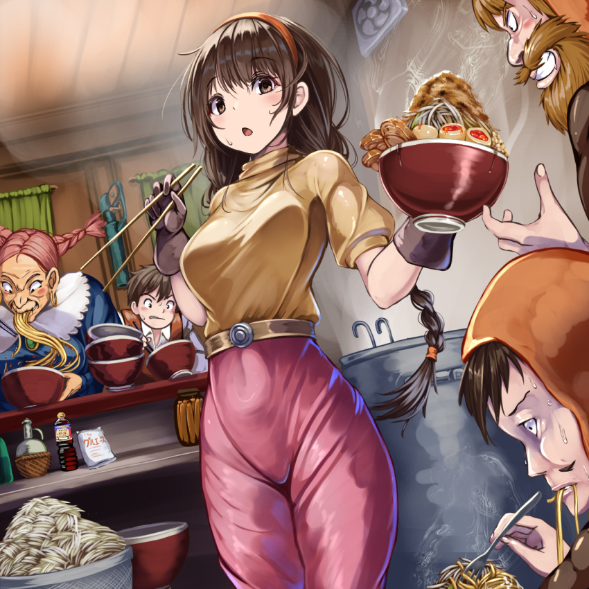 2girls, 3boys, beard, belt, bowl, braid, breasts, brown_eyes, brown_hair, charles_(laputa), chopsticks, cowboy_shot, dola, dutch_angle, eyebrows_visible_through_hair, facial_hair, food, food_in_mouth, from_below, gloves, hairband, highres, hood, jirou_(ramen), kitchen, long_hair, looking_at_viewer, louis_(laputa), medium_breasts, monikano, multiple_boys, multiple_girls, old, old_woman, open_mouth, pants, pazu, pink_hair, pink_pants, puffy_sleeves, sheeta, shirt, shirt_tucked_in, short_sleeves, steam, studio_ghibli, tenkuu_no_shiro_laputa, twin_braids, twintails, yellow_shirt
