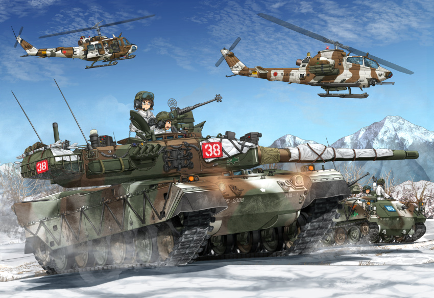 1girl, ah-1_cobra, aircraft, arm_up, bare_tree, caterpillar_tracks, clouds, faceless