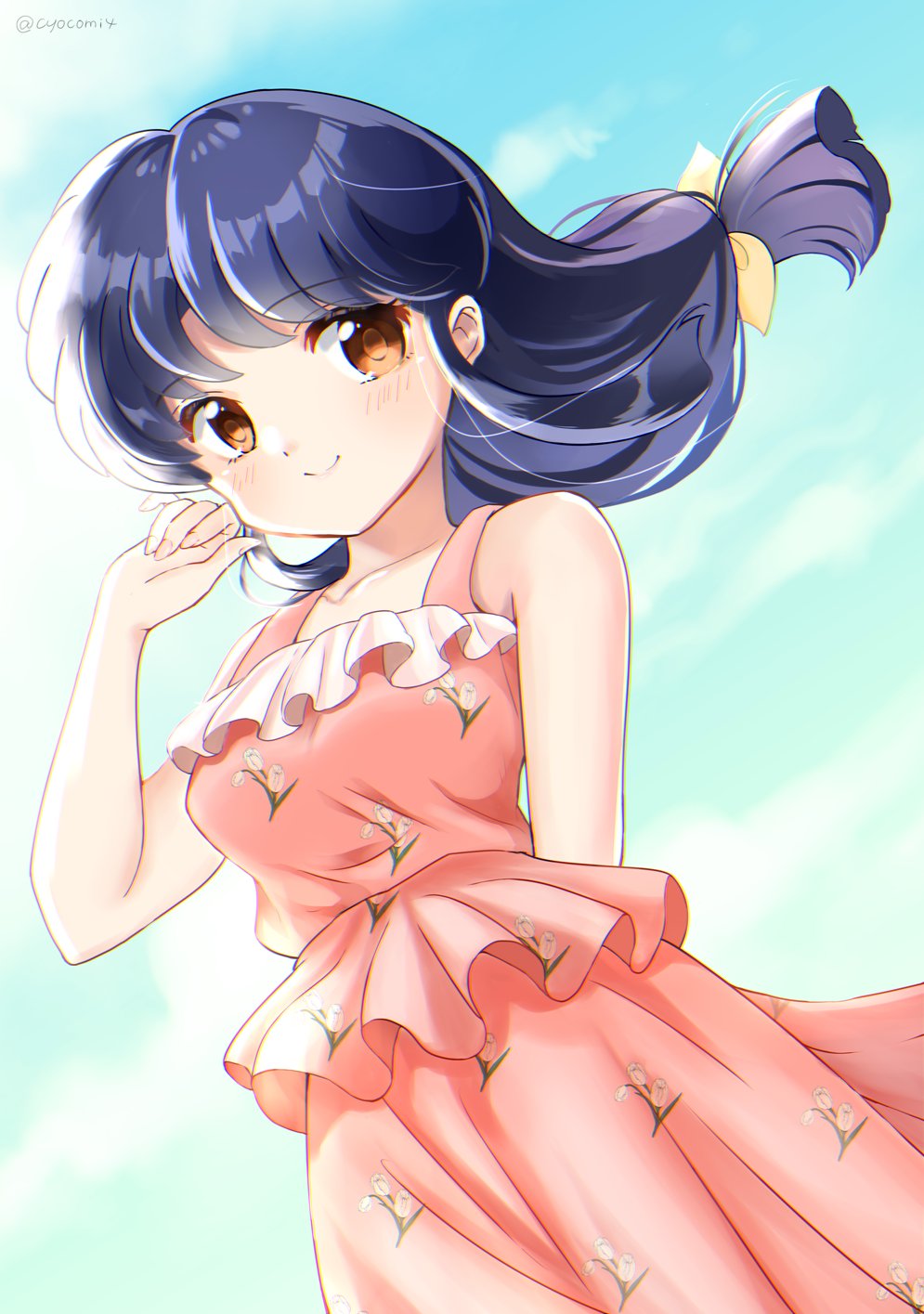 1girl, arm_behind_back, blue_hair, blue_sky, brown_eyes, closed_mouth, clouds, cloudy_sky