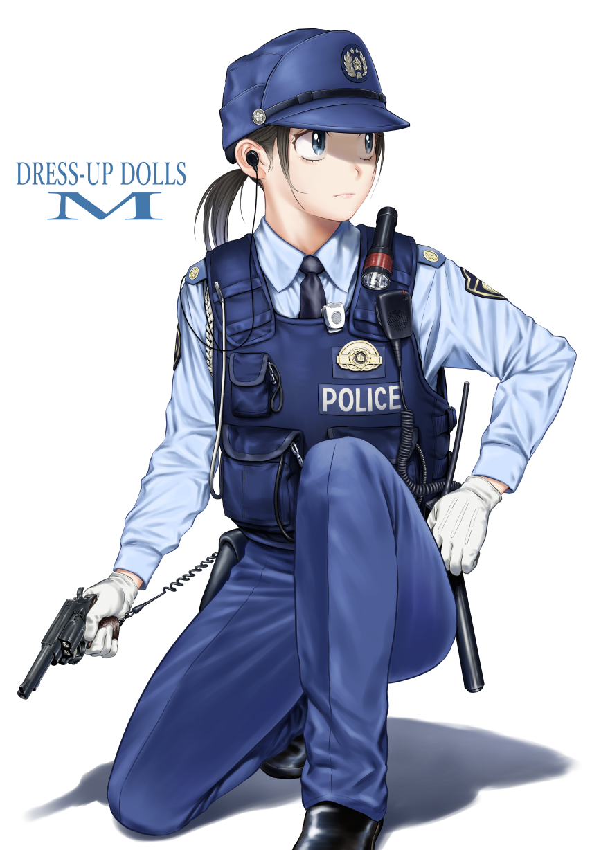 1girl, baton, black_hair, earphones, flashlight, gloves, hat, highres