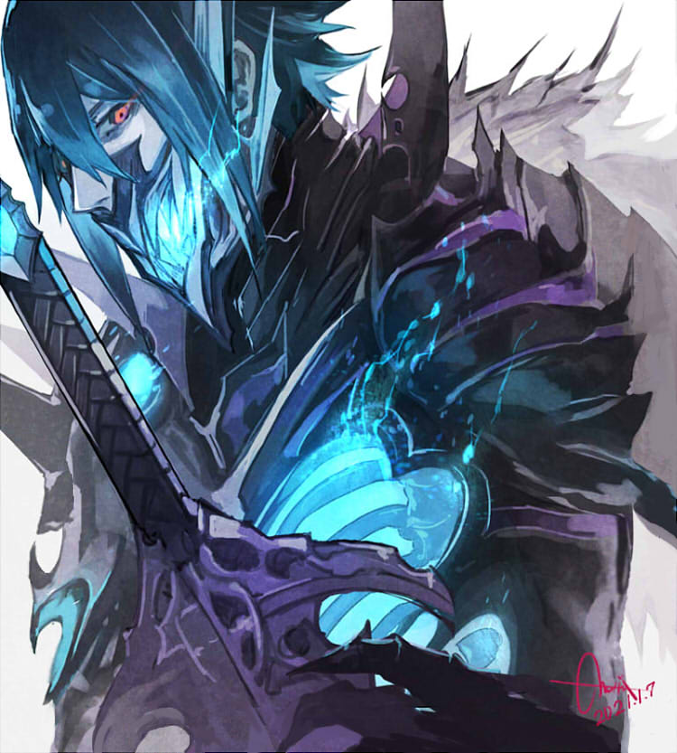 1boy, armor, black_armor, black_hair, blue_fire, blue_hair, bone, covered_mouth, fire, fire_emblem, fire_emblem_heroes, gradient_hair, hair_between_eyes, horned_mask, lif_(fire_emblem), looking_at_viewer, male_focus, mask, masked, mouth_mask, multicolored_hair, nijihayashi, pale_skin, red_eyes, simple_background, skeleton, solo, white_background