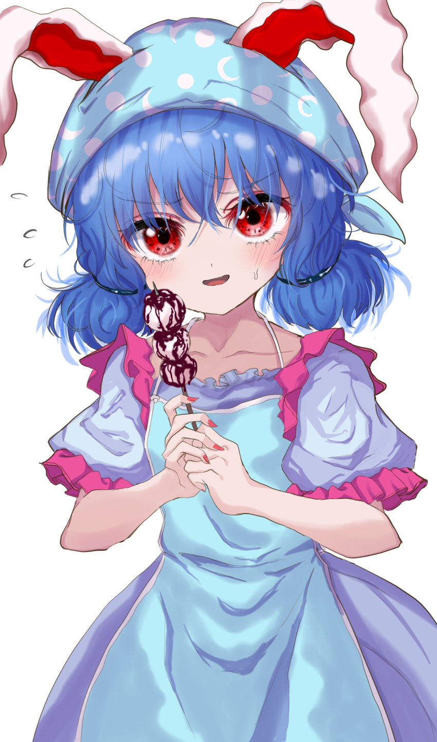 1girl, apron, arms_up, blue_dress, blue_hair, blue_headwear, blush, chocolate_drip