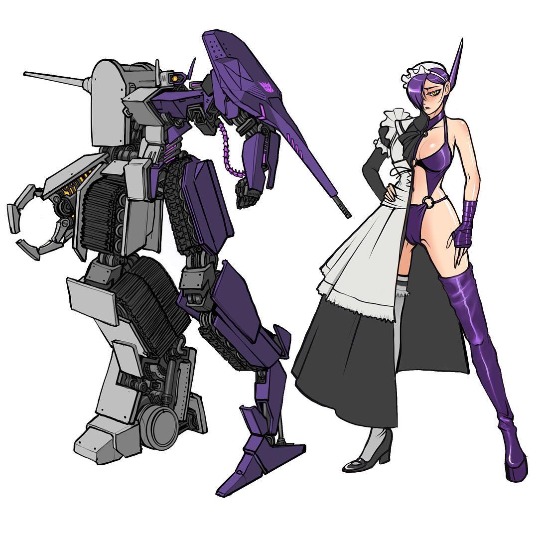 1girl, blush, boots, breasts, claws, clenched_hand, decepticon, fingerless_gloves, genderswap, genderswap_(mtf), gloves, hair_over_one_eye, large_breasts, lingerie, maid, maid_headdress, mecha, one-eyed, personification, procreate_(medium), purple_gloves, shockwave_(transformers), single_boot, single_glove, single_thigh_boot, single_thighhigh, theamazingspino, thigh-highs, transformers, underwear, yellow_eyes
