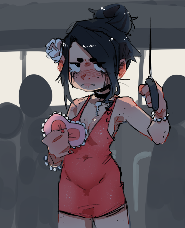 1girl, bangs, black_choker, black_eyes, black_hair, body_freckles, bracelet, breasts
