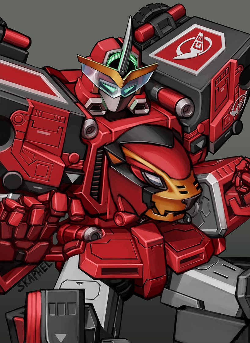 blue_eyes, clenched_hand, english_commentary, go-buster_ace, grey_background, horns, mecha, no_humans