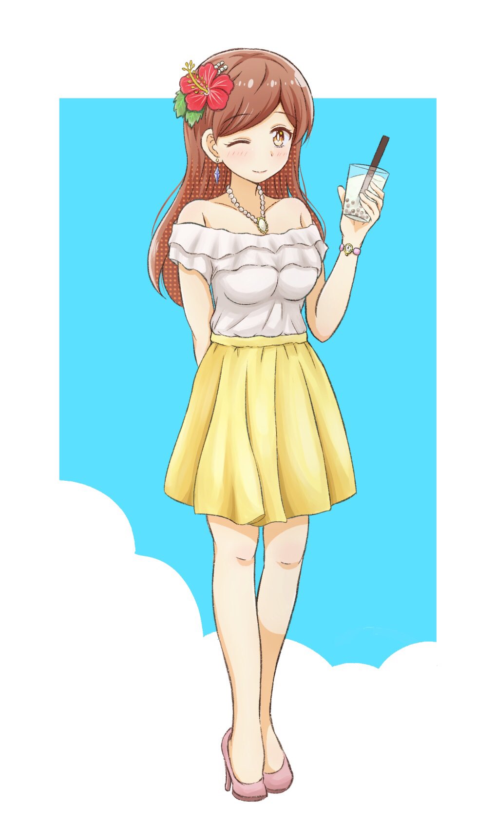 1girl, ;), arm_behind_back, bangs, bare_shoulders, bracelet, bright_pupils, brown_eyes, brown_hair, casual, commentary, contemporary, cup, drinking_glass, drinking_straw, earrings, eyebrows_visible_through_hair, flower, full_body, hair_flower, hair_ornament, hibiscus, high_heels, highres, holding, holding_cup, jewelry, long_hair, looking_at_viewer, mary_hunt, medium_skirt, off-shoulder_shirt, off_shoulder, one_eye_closed, otome_game_no_hametsu_flag_shika_nai_akuyaku_reijou_ni_tensei_shite_shimatta, pink_footwear, pleated_skirt, red_flower, shirt, short_sleeves, skirt, smile, solo, standing, swept_bangs, white_pupils, white_shirt, yellow_skirt, yuu_kurema