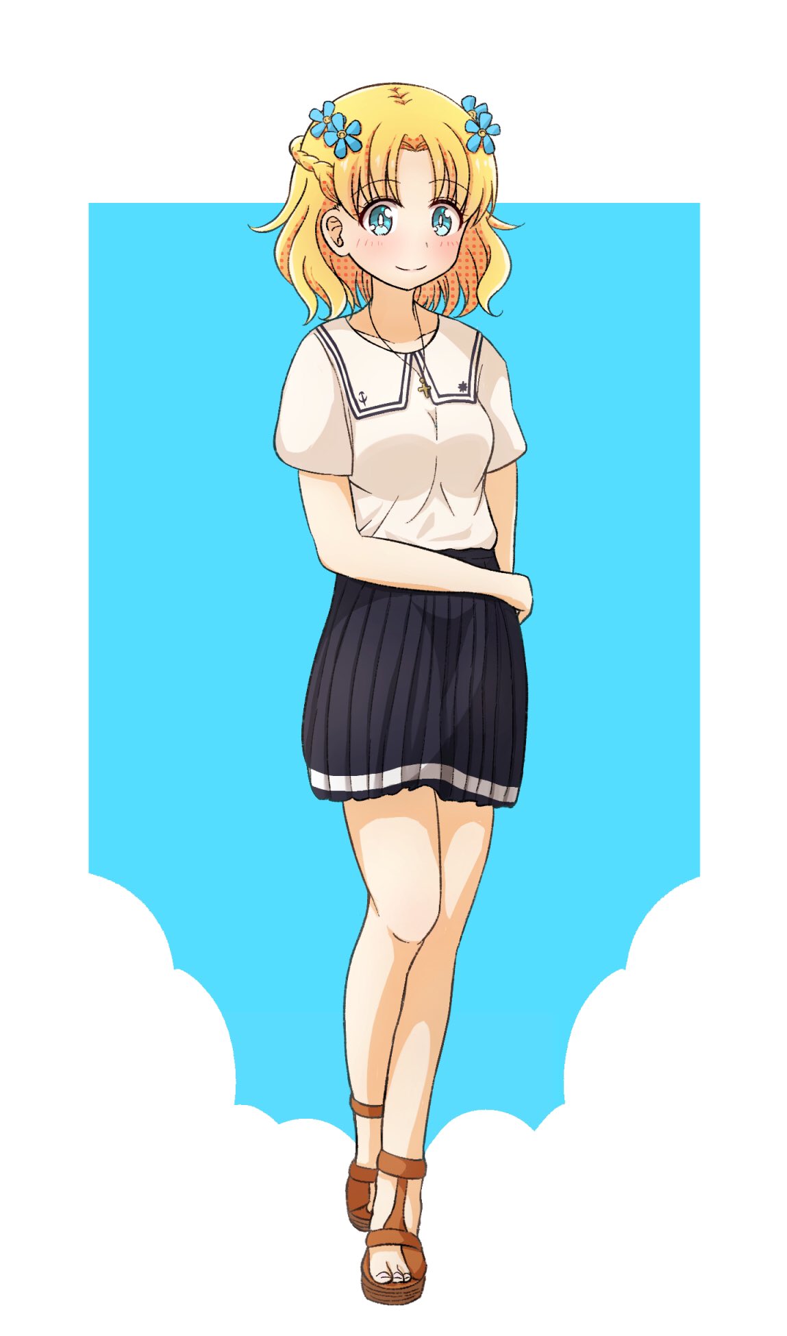 1girl, bangs, black_skirt, blonde_hair, blue_eyes, blue_flower, braid, bright_pupils