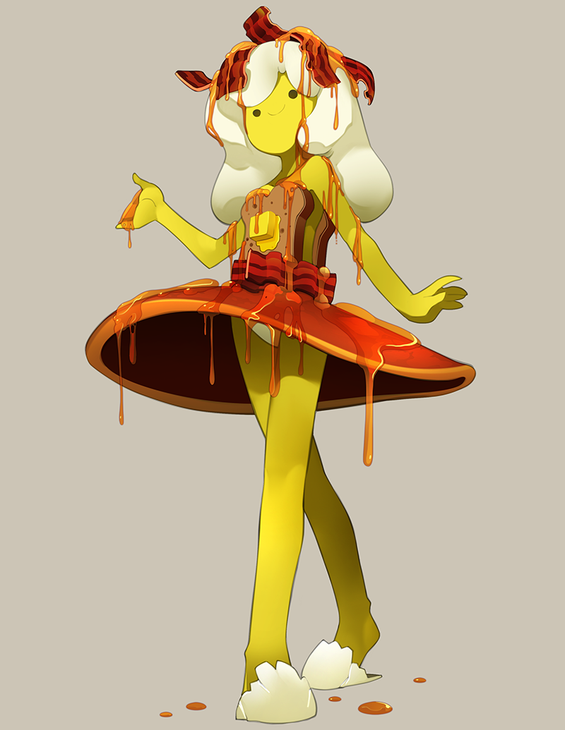 1girl, adventure_time, bacon, bangs, bleedman, bread, breakfast_princess, breasts