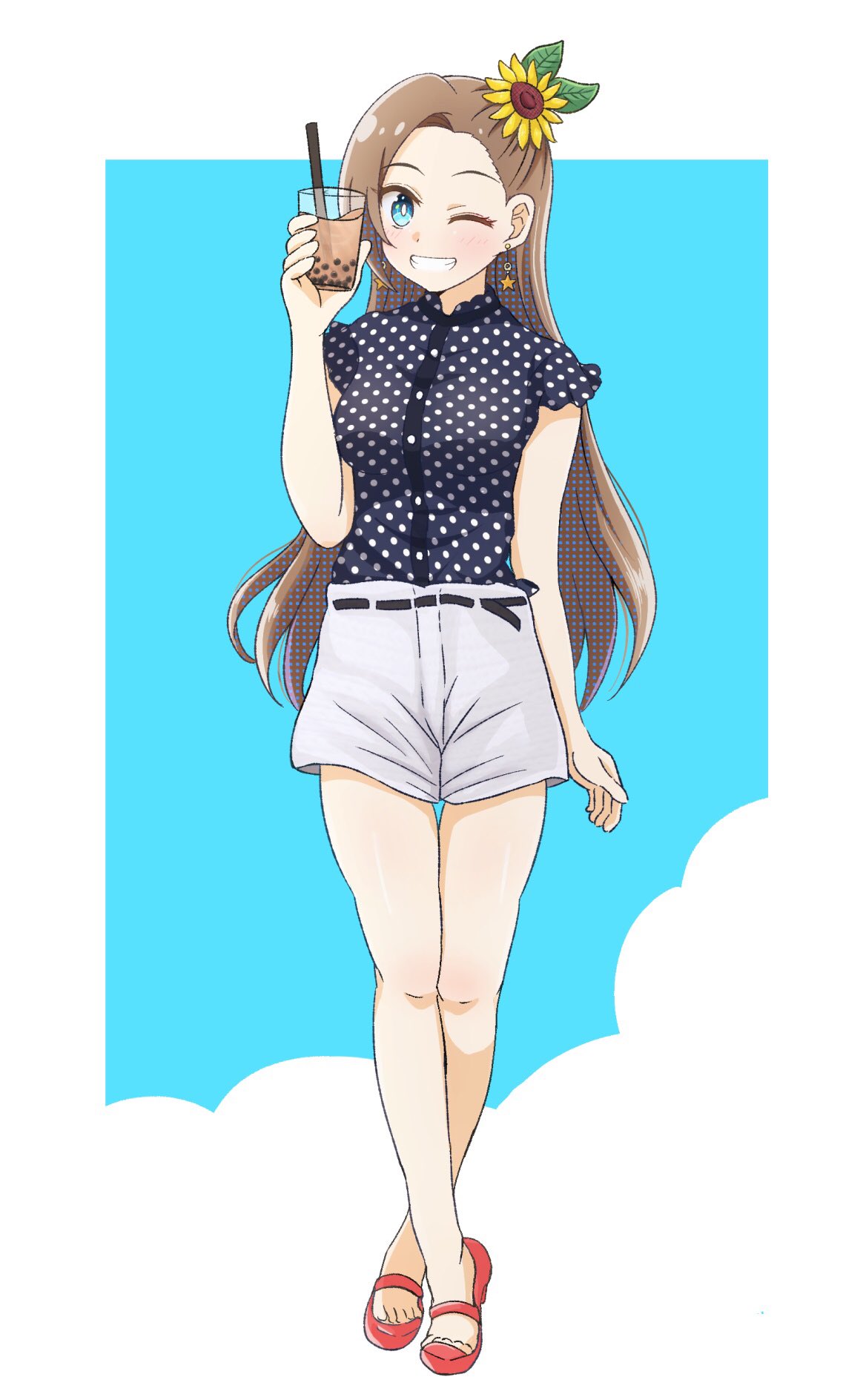 1girl, asymmetrical_bangs, bangs, belt, black_belt, black_shirt, blue_eyes, bright_pupils, brown_hair, casual, commentary, contemporary, crossed_ankles, cup, drinking_glass, drinking_straw, earrings, flower, frilled_shirt, frills, full_body, grin, hair_flower, hair_ornament, highres, holding, holding_cup, jewelry, katarina_claes, long_hair, looking_at_viewer, otome_game_no_hametsu_flag_shika_nai_akuyaku_reijou_ni_tensei_shite_shimatta, polka_dot, polka_dot_shirt, red_footwear, sandals, shirt, short_sleeves, shorts, smile, solo, standing, star_(symbol), star_earrings, sunflower, white_pupils, white_shorts, yuu_kurema