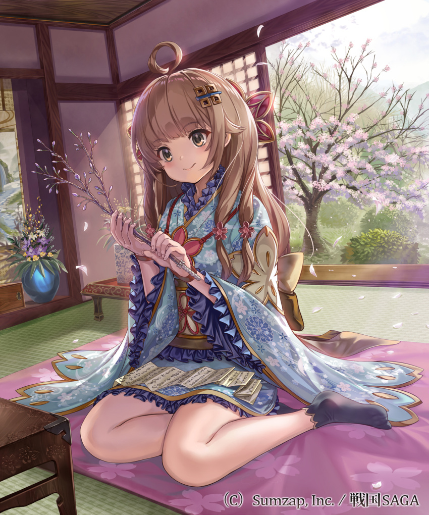 ahoge, architecture, black_legwear, blonde_hair, blue_kimono, blush, branch, cherry_blossoms