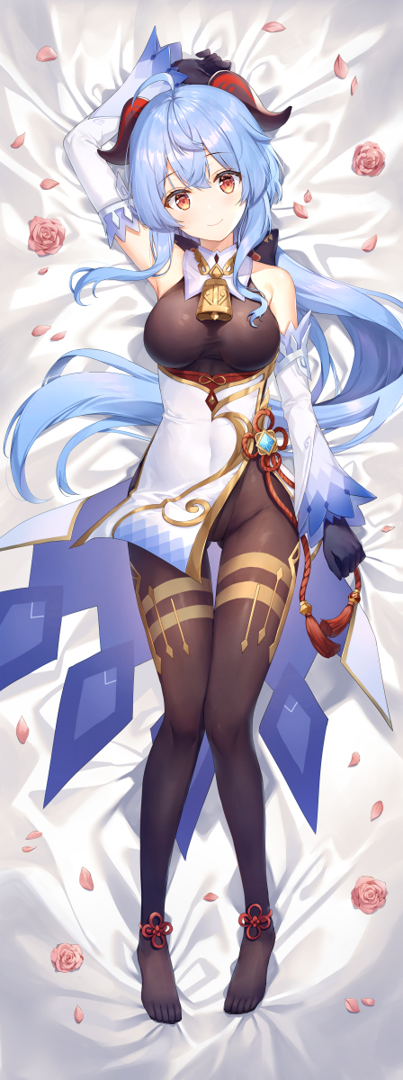 1girl, ahoge, anklet, arm_up, bare_shoulders, bed_sheet, bell, black_gloves, black_legwear, black_leotard, blue_hair, chinese_knot, chuu_ling, clenched_hand, closed_mouth, cowbell, dakimakura_(medium), detached_sleeves, eyebrows_visible_through_hair, flower, full_body, ganyu_(genshin_impact), genshin_impact, gloves, goat_horns, gold_trim, highres, horns, impossible_clothes, jewelry, leotard, long_hair, looking_at_viewer, lying, no_nose, no_shoes, on_back, pantyhose, pelvic_curtain, petals, pink_flower, shiny, shiny_hair, sidelocks, smile, solo, taut_clothes, very_long_hair, vision_(genshin_impact), yellow_eyes