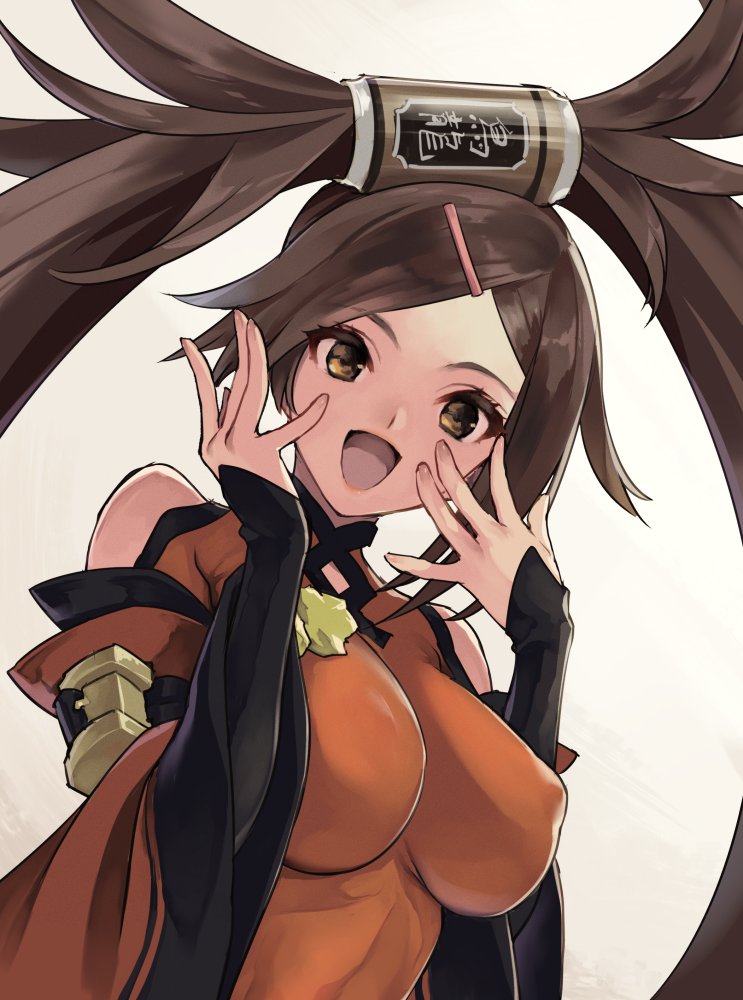 1girl, bangs, bare_shoulders, breasts, brown_eyes, brown_hair, china_dress, chinese_clothes, covered_nipples, dress, eyebrows_visible_through_hair, fingernails, guilty_gear, guilty_gear_xrd, hair_between_eyes, hair_ring, hand_on_own_face, jako_(toyprn), kuradoberi_jam, large_breasts, long_hair, long_sleeves, looking_at_viewer, open_mouth, smile, solo, tin_can, twintails, white_background, wide_sleeves