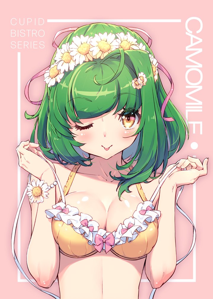 1girl, ahoge, aki_(aki_mechdoll), bangs, blush, bra, breasts, collarbone, english_commentary, eyebrows_visible_through_hair, flower, flower_bracelet, frilled_bra, frills, green_hair, hair_flower, hair_ornament, head_wreath, looking_at_viewer, medium_breasts, one_eye_closed, original, pink_background, short_hair, solo, tongue, tongue_out, underwear, upper_body, yellow_bra