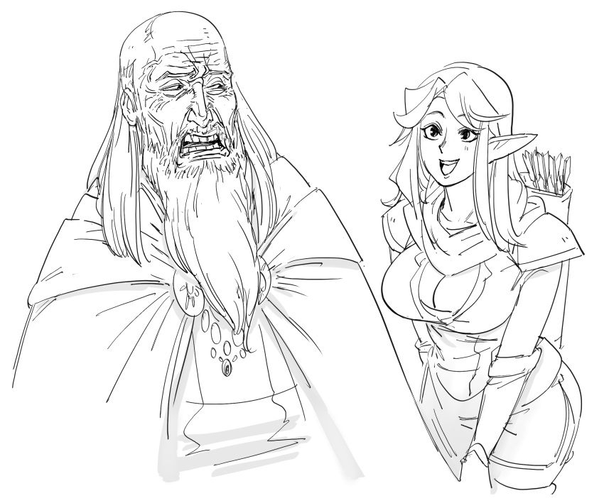 1girl, arrow_(projectile), bald, bb_(baalbuddy), beard, breasts, cloak, commentary
